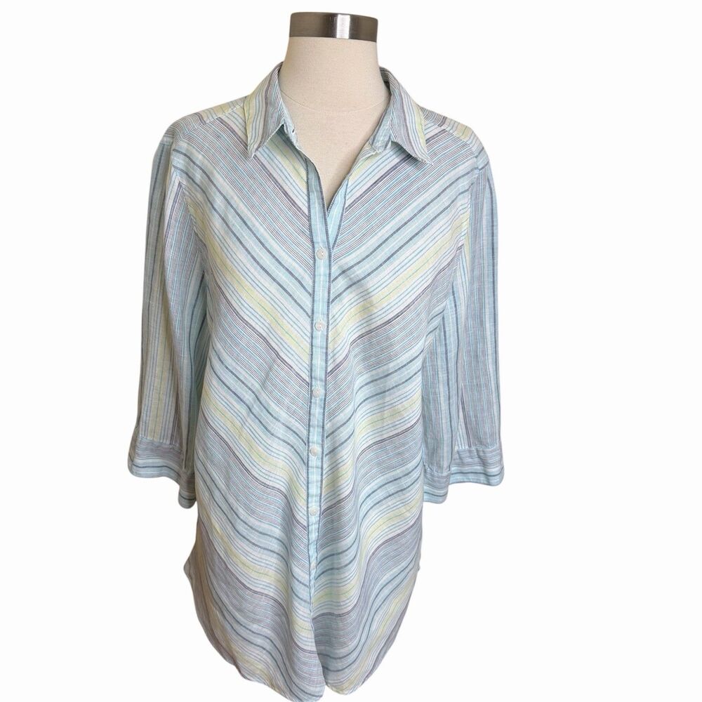 Chicos 100% Linen No Iron Shirt 3 XL Blue Striped Button Up Tunic Lagenlook Top